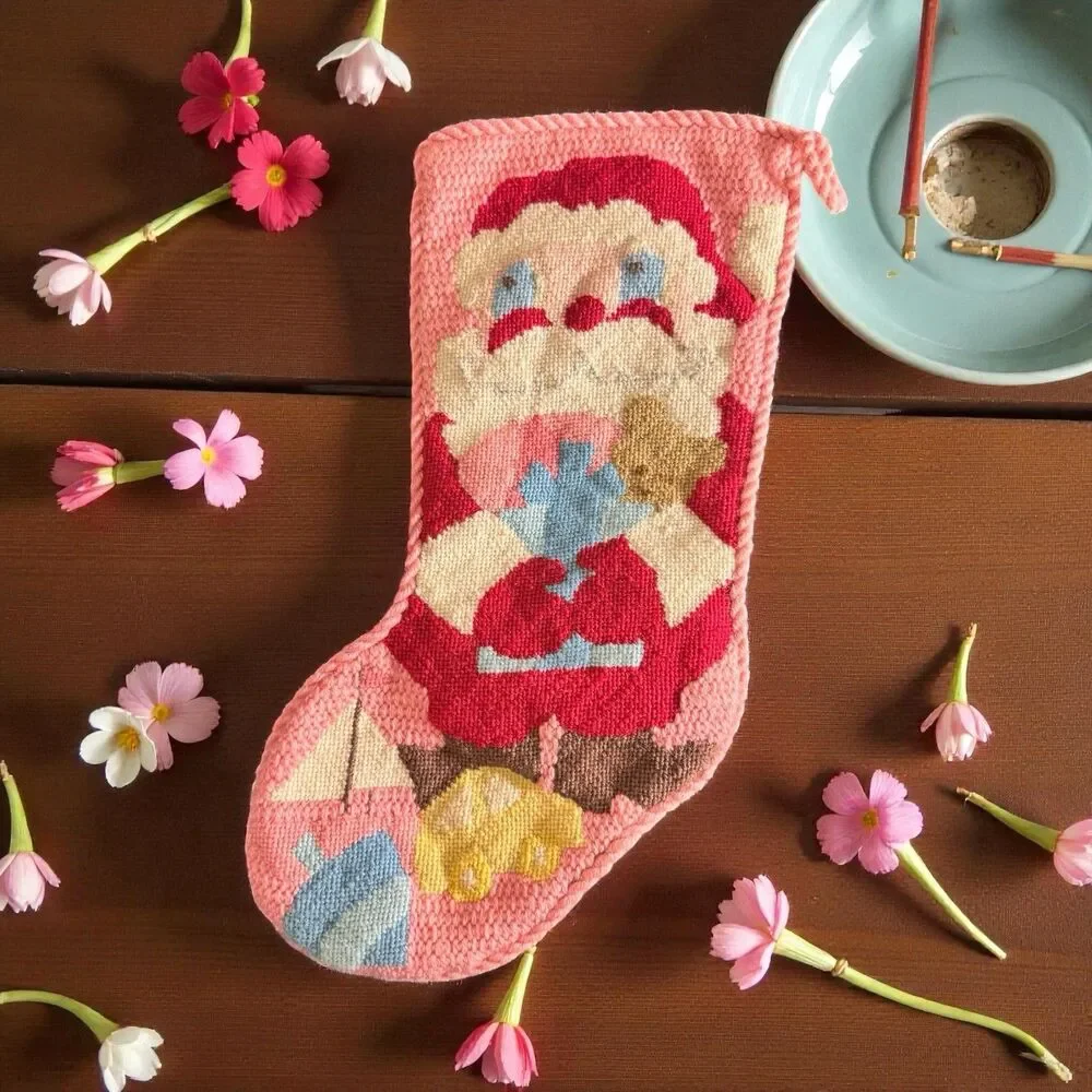 Vintage Needlepoint Stocking Xmas Santa w/Toys Red pink Velvet Back Wool 16”